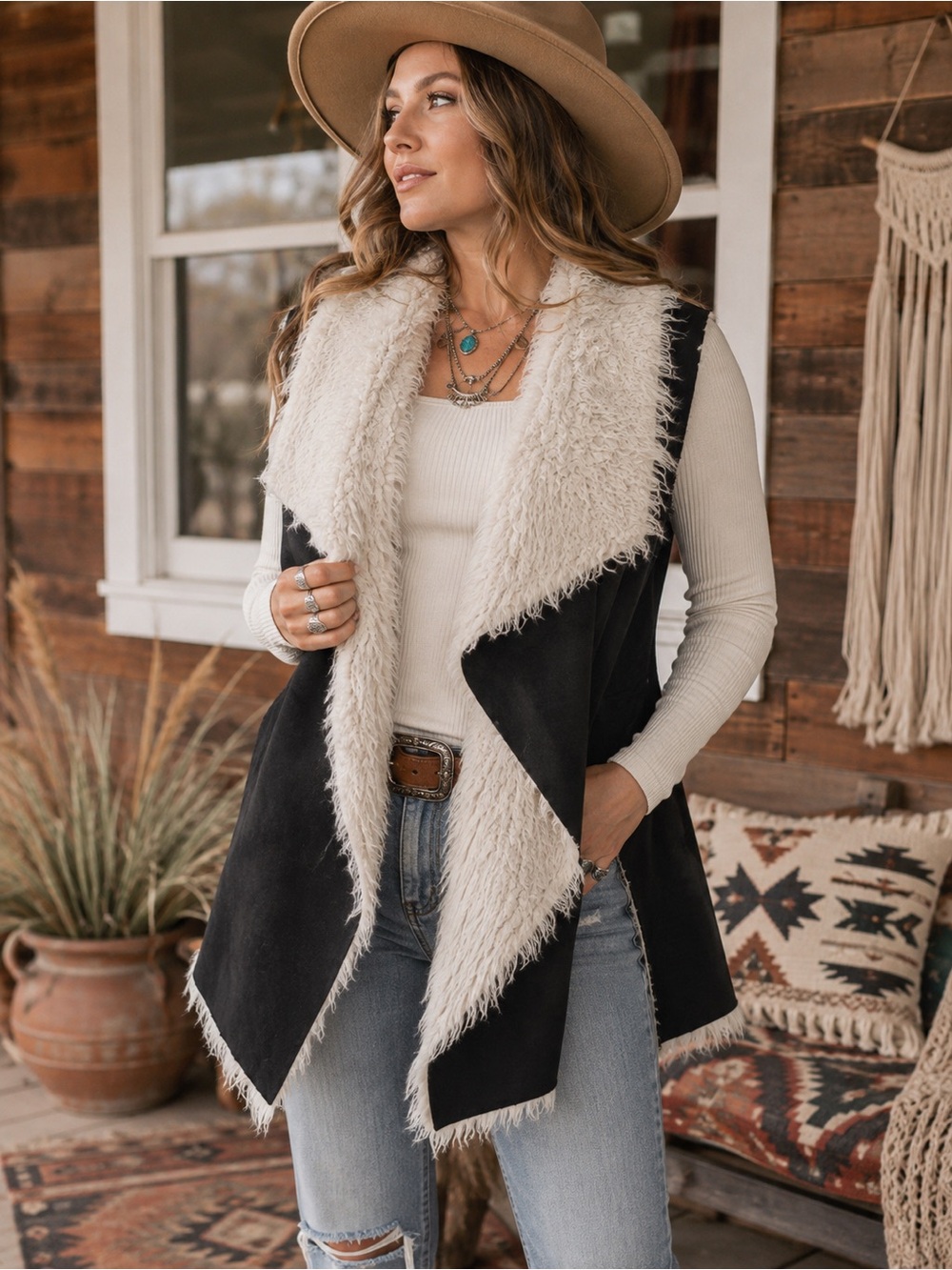 Me Jane Faux Suede Shearling Vest Large Black Cream Draped Boho Western
